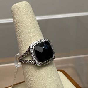 Pave Bezel Cushion Cut Oynx Ring, Rhodium Plated, Split Shank Band, Peer…